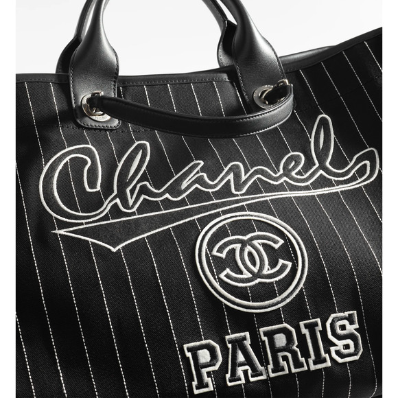 Chanel 23P Deauville Black White Stripe Large Shopping 30cm Top Handle Tote Bag - Picture 6 of 12